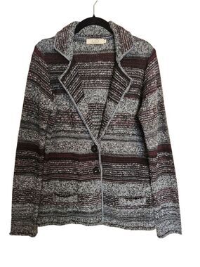 A IDA ITALY WOOL BLEND KNIT BLAZER STYLE CARDIGAN SWEATER GREY BURGANDY STRIPE M